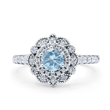 Vintage Style Solitaire Accent Wedding Ring Round Simulated Aquamarine CZ 925 Sterling Silver